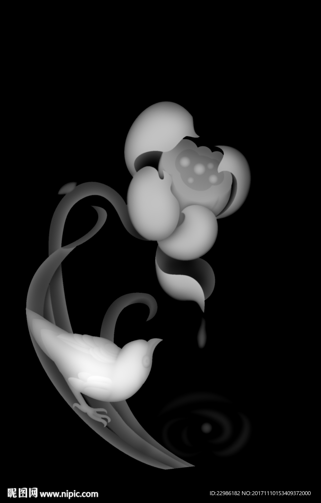 荷花鸟玉雕精雕浮雕灰度