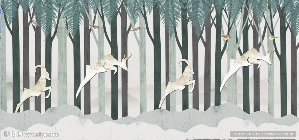 手绘抽象树林麋鹿背景墙