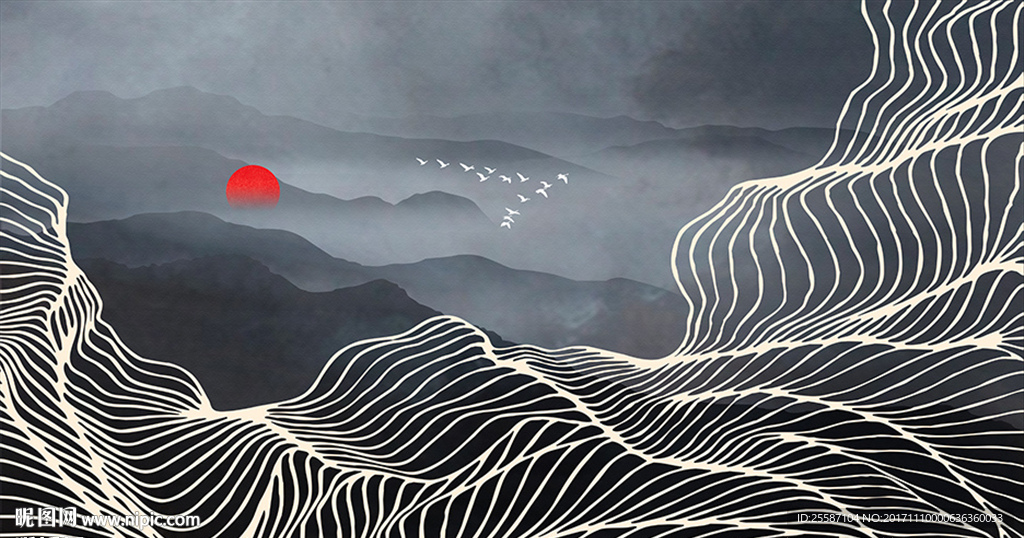 新中式抽象线条意境山水风景背景
