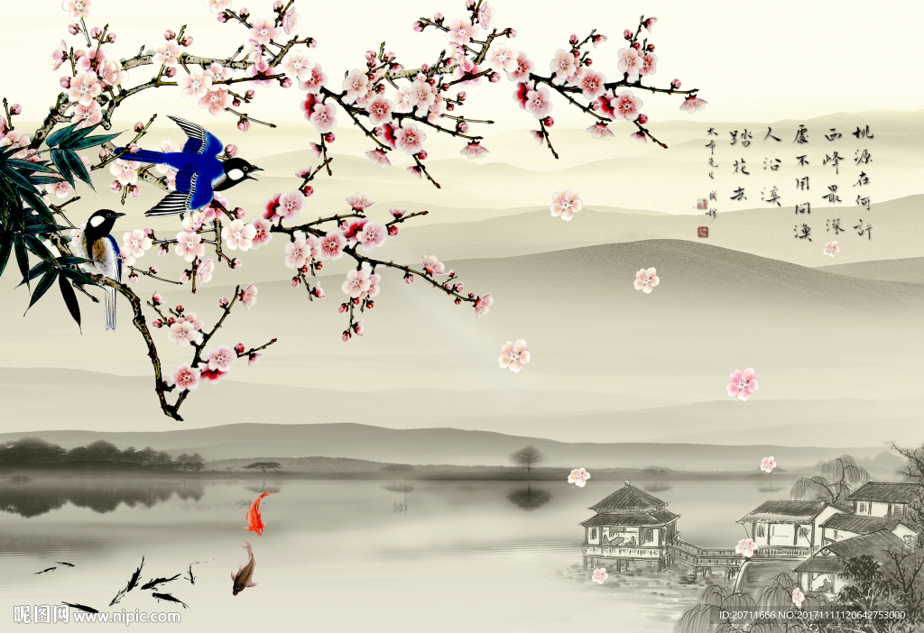 桃花花鸟工笔画