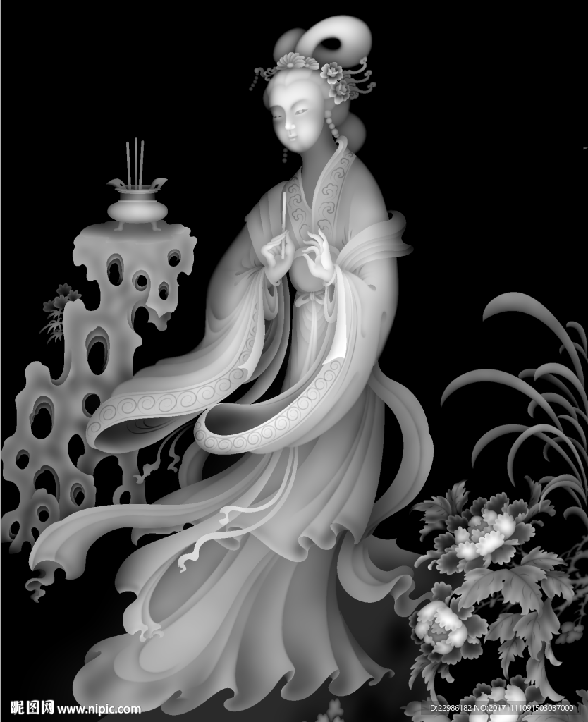 牡丹貂蝉美女浮雕精雕灰度