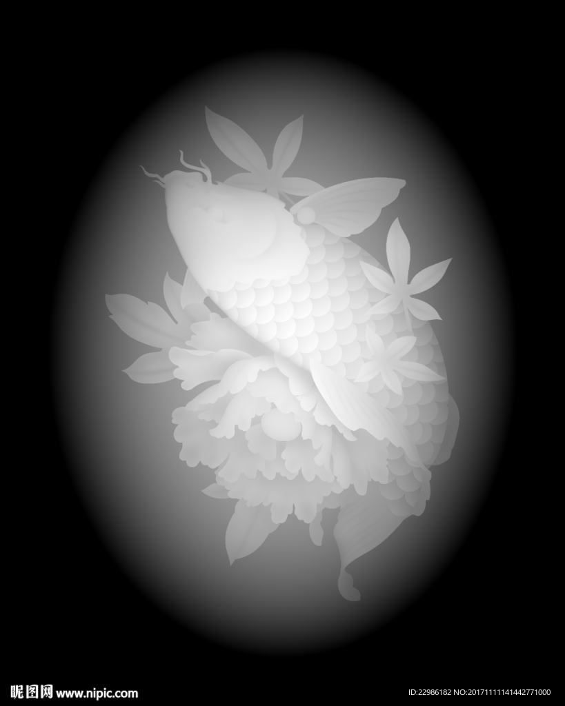牡丹花鲤鱼浮雕精雕灰度46牌