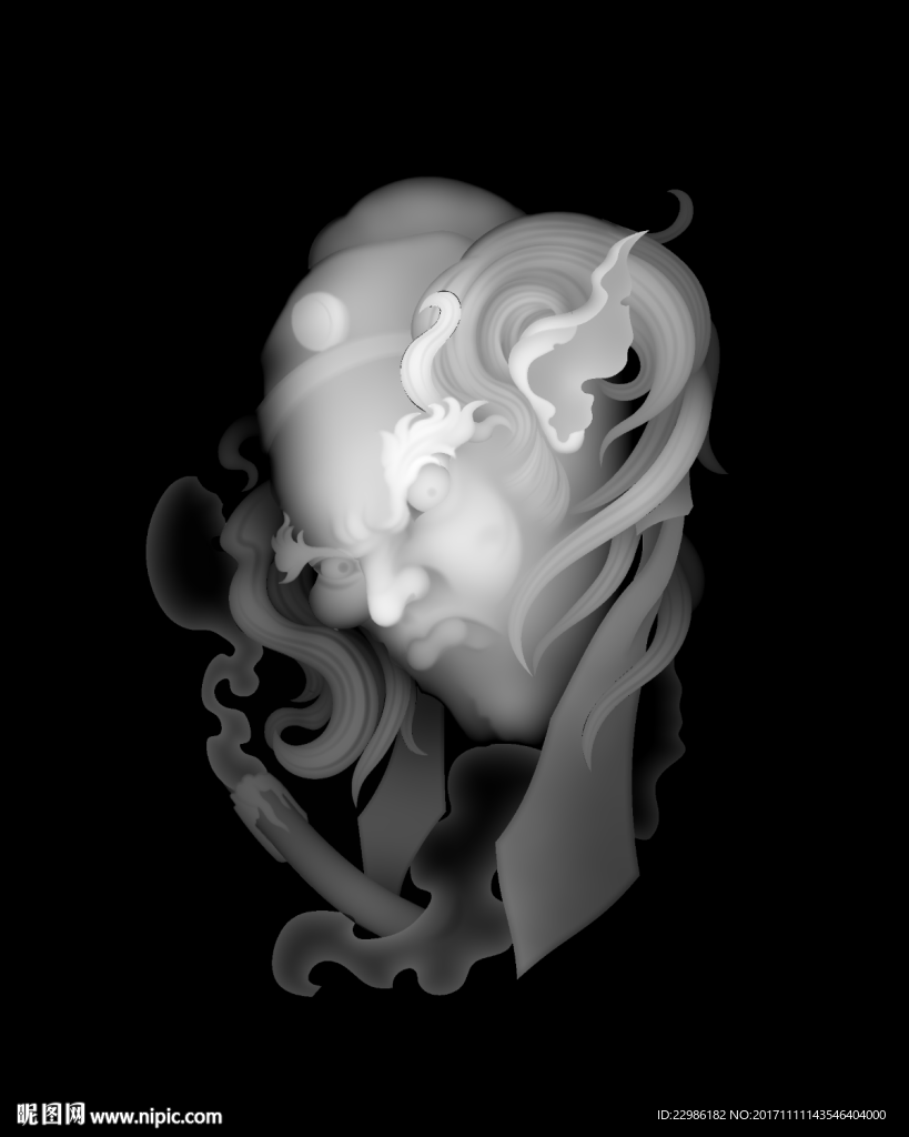 鬼头浮雕精雕灰度玉雕46牌