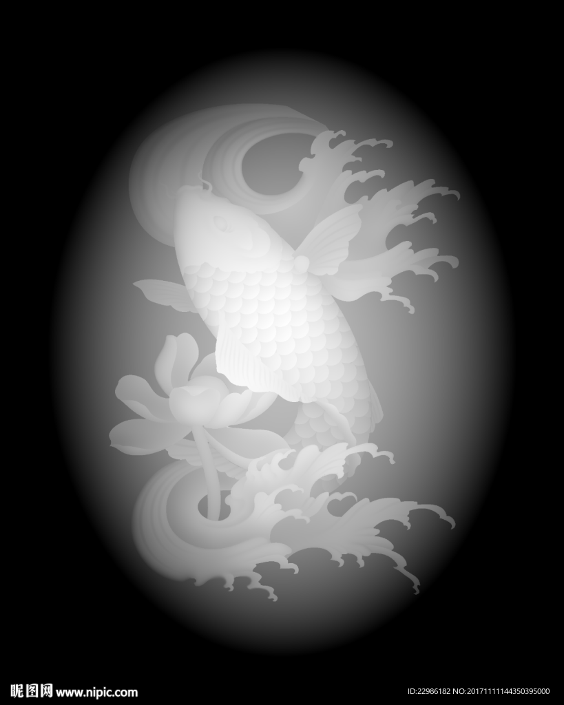 荷花鲤鱼精雕浮雕灰度玉雕