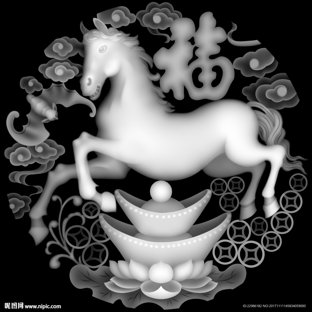 马上有福元宝挂屏浮雕精雕灰度