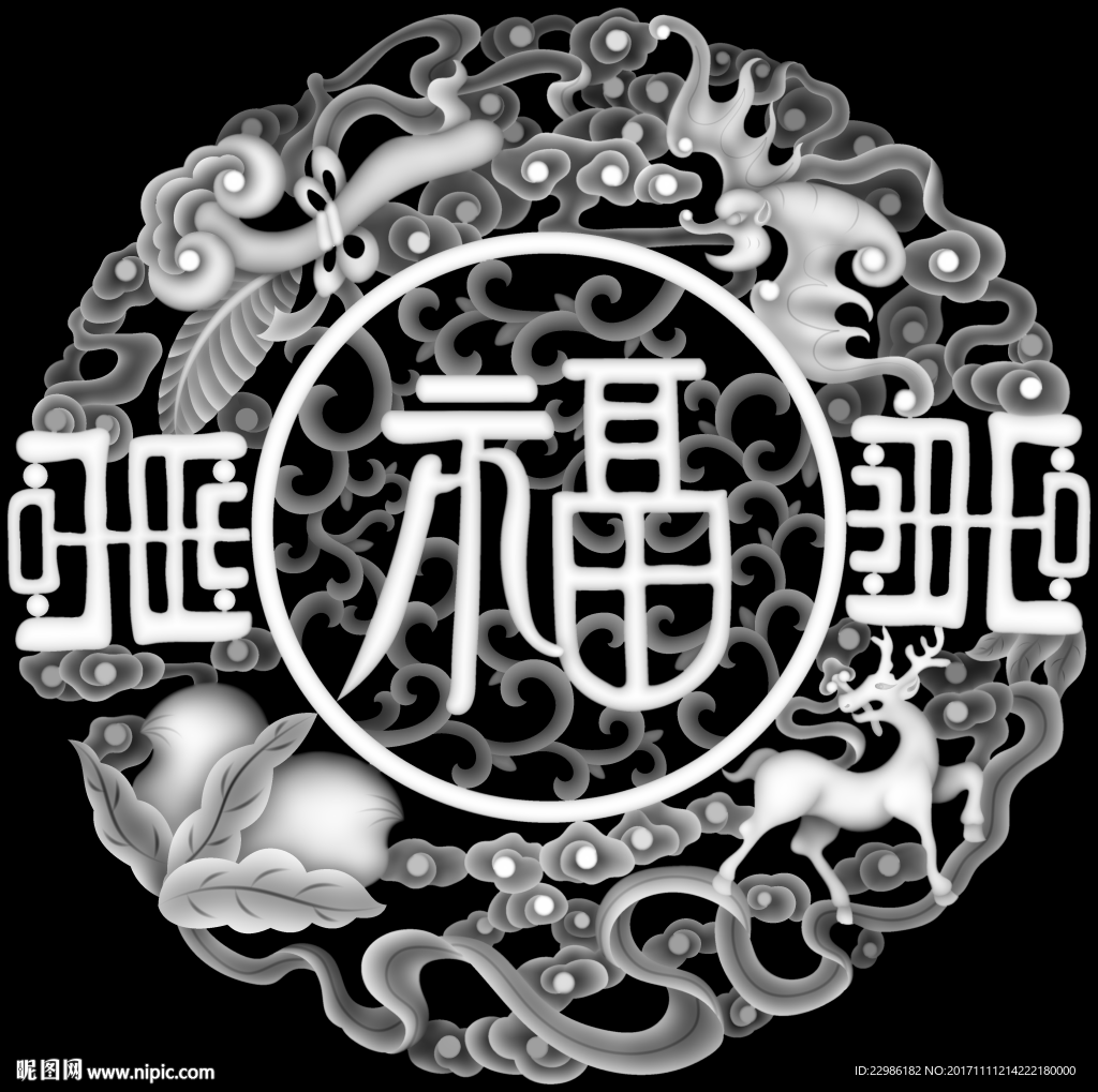 蝙蝠桃子鹿福字镂空挂屏精雕浮雕