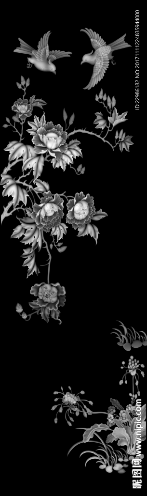 屏风牡丹花鸟精雕浮雕灰度