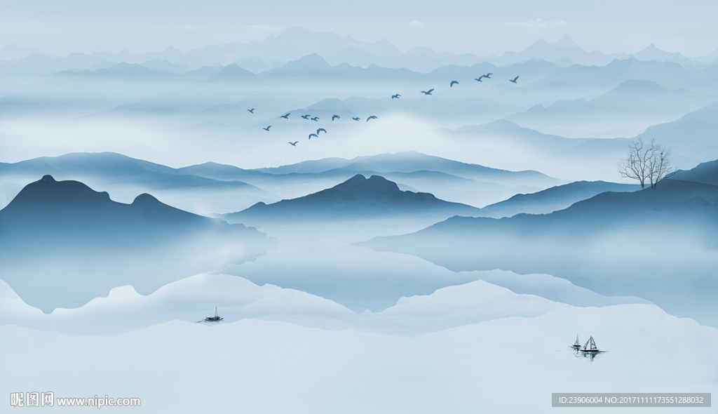 新中式水墨山水屏风背景墙装饰画