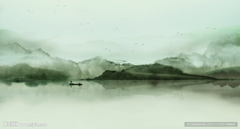 新中式湖景水墨山水背景墙装饰画