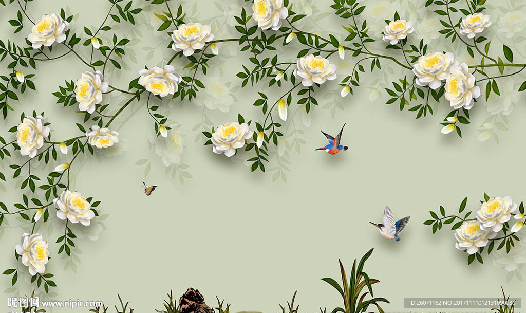 工笔花鸟背景墙