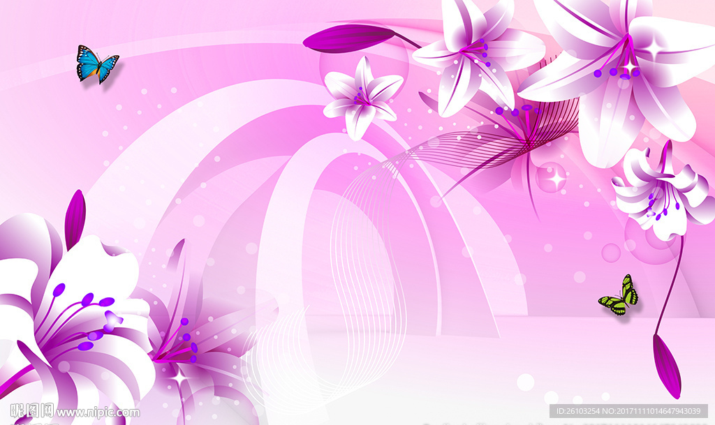 紫色百合蝴蝶3D空间电视背景墙