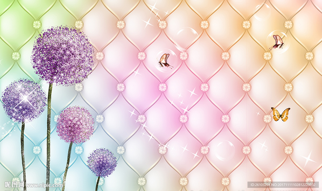 梦幻蒲公英蝴蝶软包电视背景墙