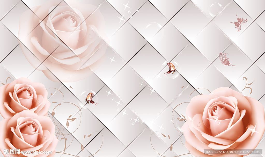 现代玫瑰简约蝴蝶软包电视背景墙