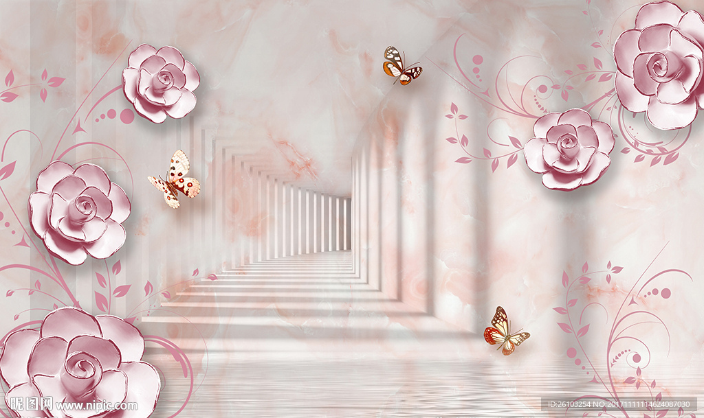 彩雕玫瑰3D空间蝴蝶电视背景墙