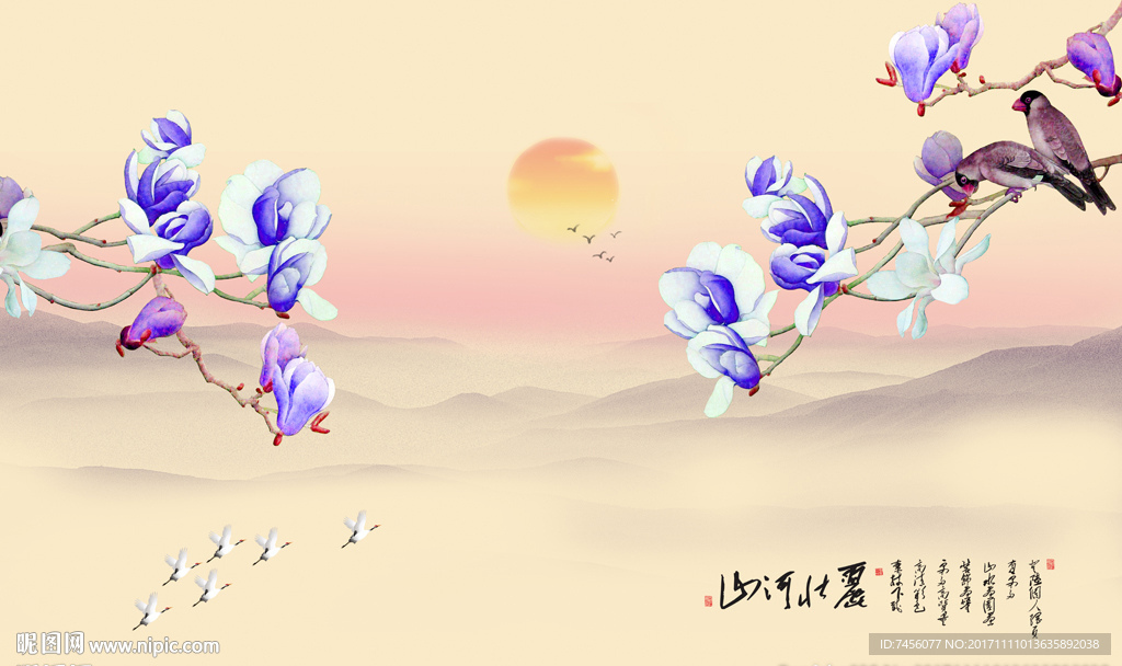 花鸟水墨中式背景墙