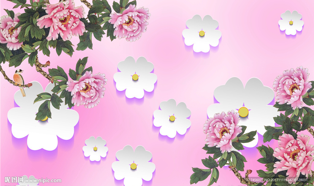 鲜花花鸟立体背景墙