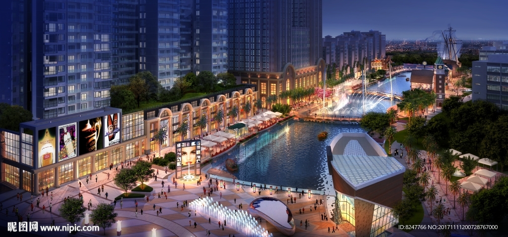商业街鸟瞰夜景建筑效果图