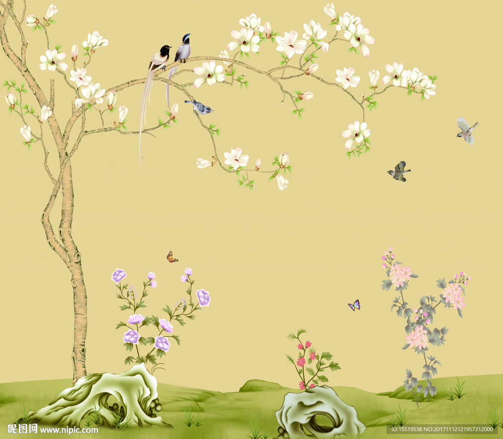 手绘花鸟中式背景墙