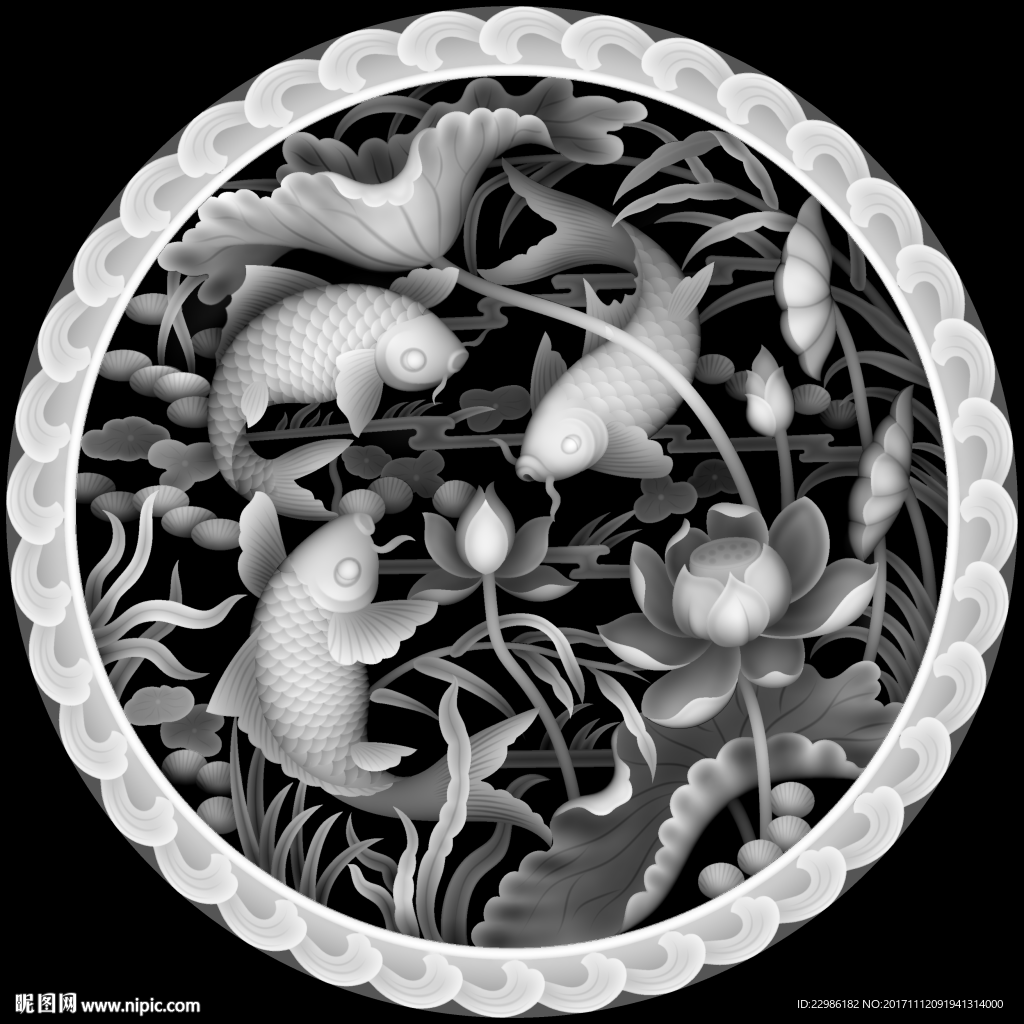 荷花鲤鱼圆盘镂空挂屏精雕浮雕