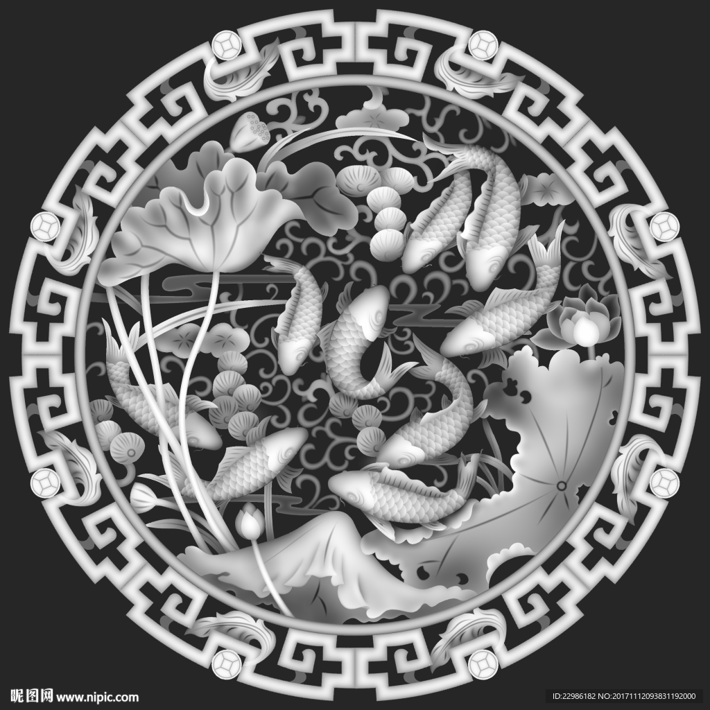 九鱼荷花圆形镂空挂屏精雕浮雕