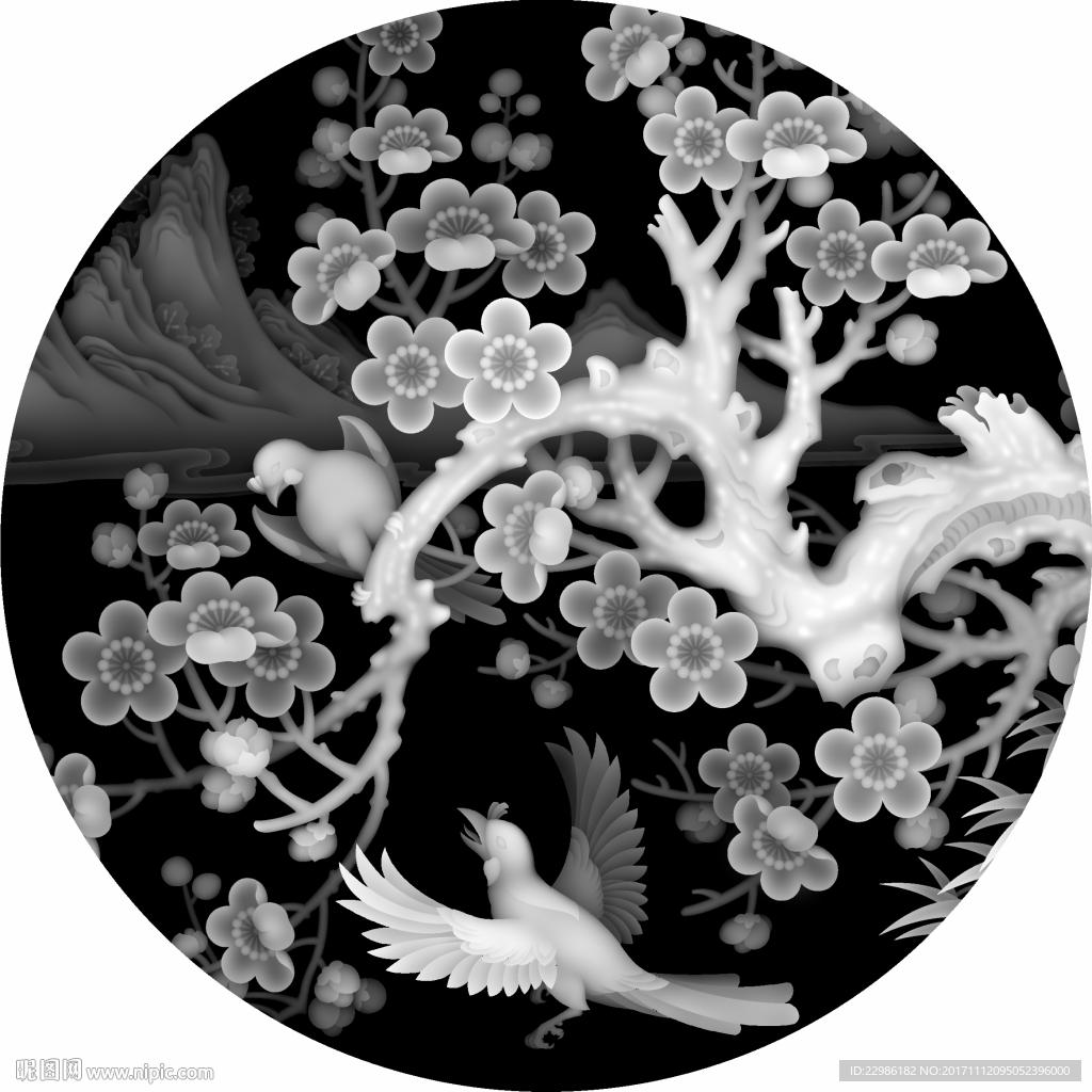 梅花鸟精雕浮雕圆盘挂屏灰度