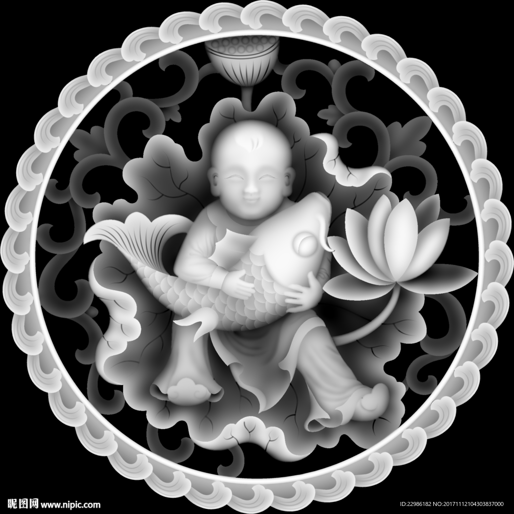 童子抱鲤鱼洋花圆形挂屏精雕浮雕