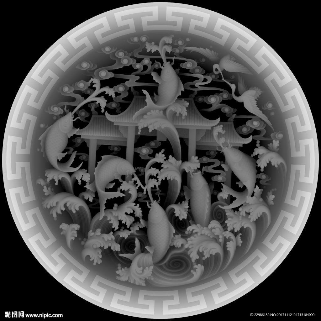 鲤鱼跃龙门圆形挂屏精雕浮雕灰度