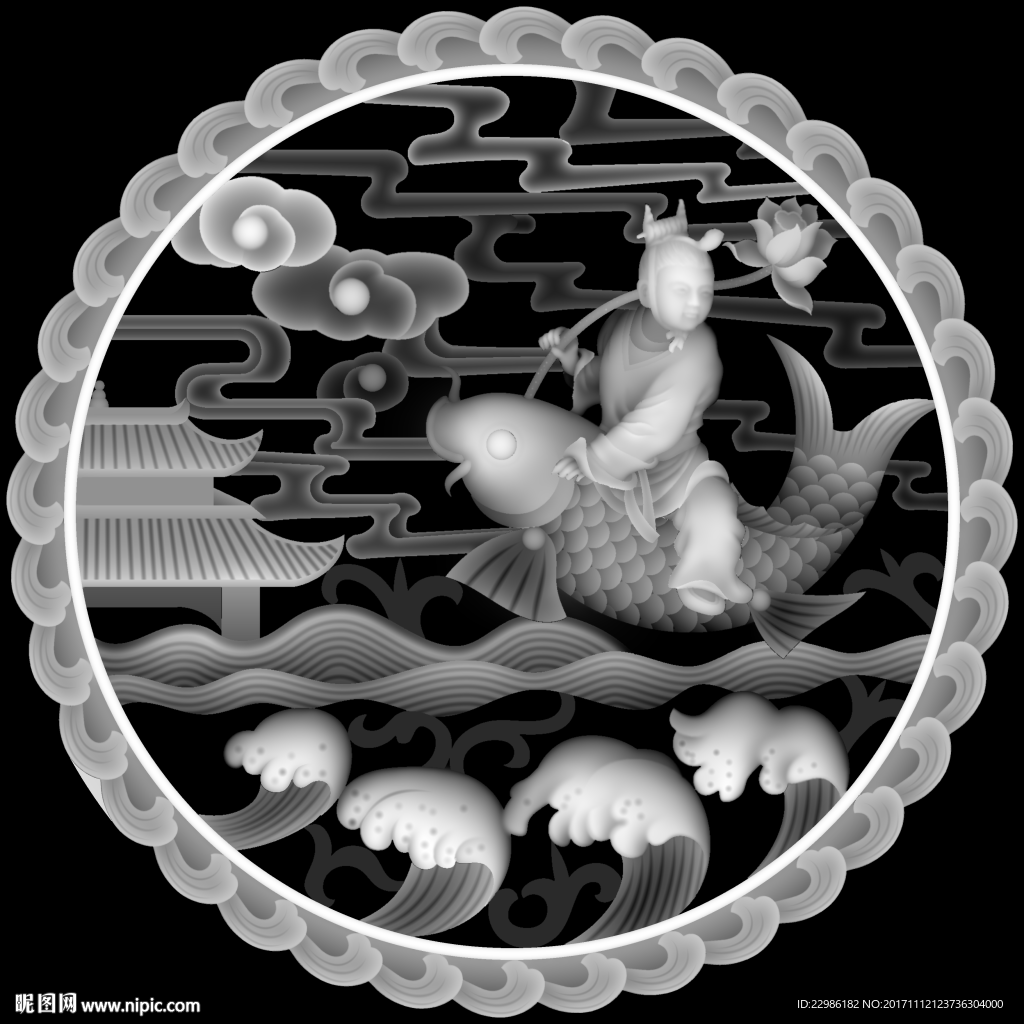 荷花童子骑鲤鱼圆盘镂空精雕浮雕