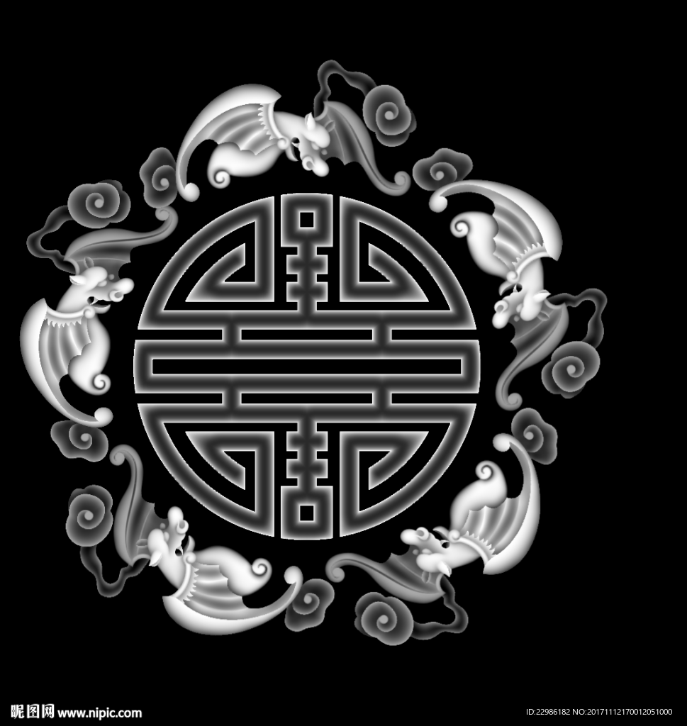 蝙蝠寿字洋花精雕灰度