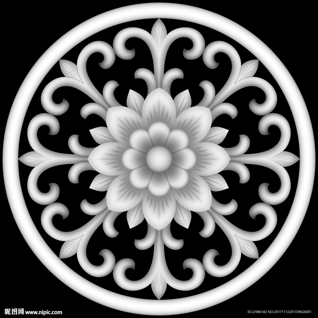圆形欧式洋花精雕浮雕灰度