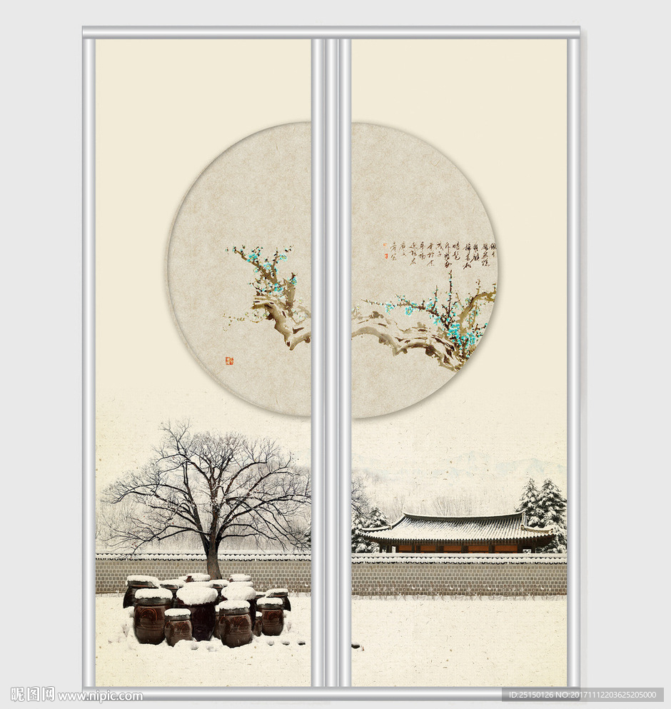 工笔画古典雪景移门