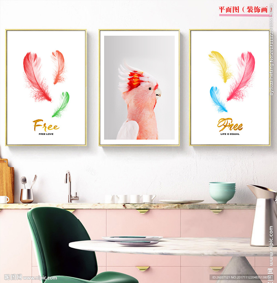 欧式手绘鹦鹉羽毛创意无框画