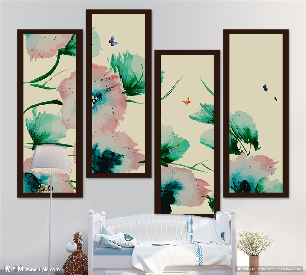 新中式工笔手绘花卉四联装饰画