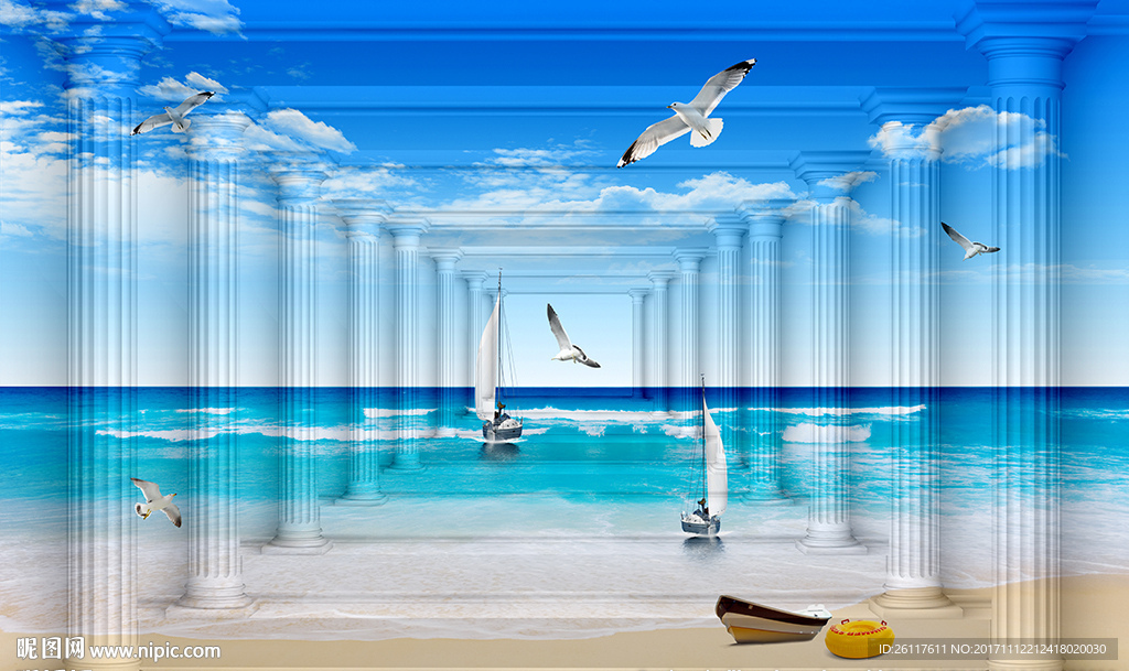 3D罗马柱大海风景电视背景墙