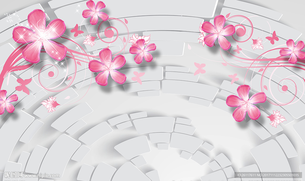 梦幻花卉蝴蝶简约砖墙电视背景墙