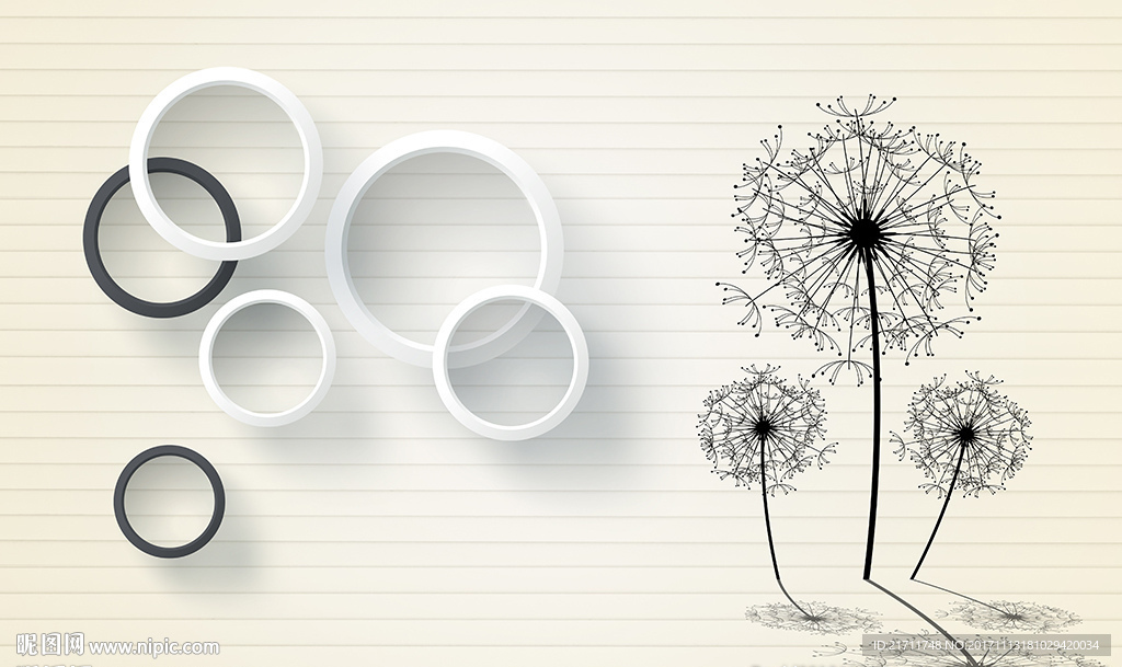 简约蒲公英黑白圈圈电视背景墙