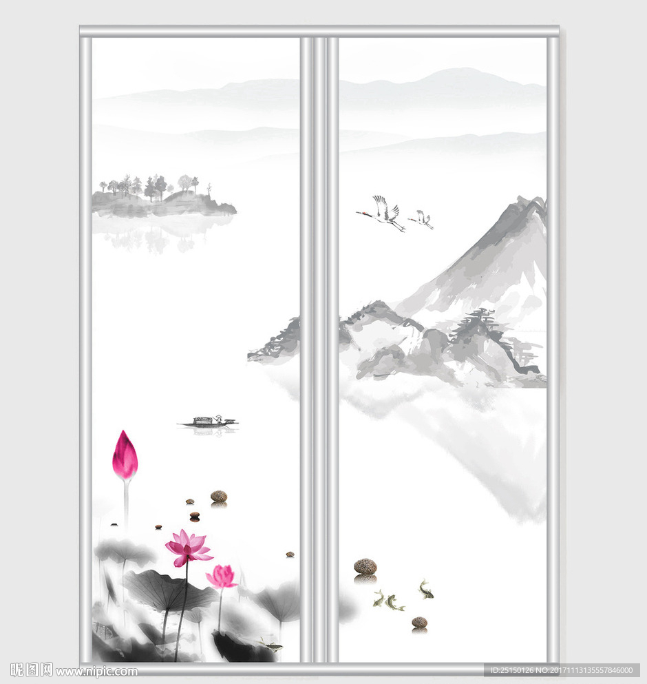 中国风山水荷花移门