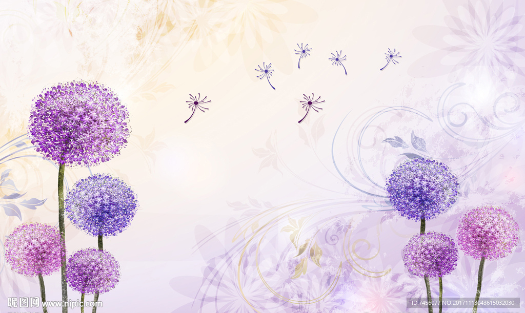 紫色蒲公英唯美背景墙