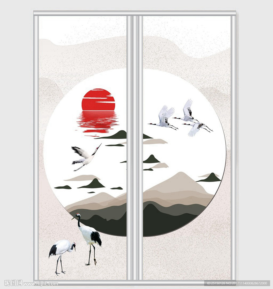 中国风仙鹤山水移门