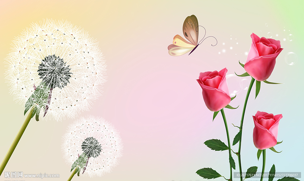 梦幻玫瑰花蒲公英蝴蝶电视背景墙