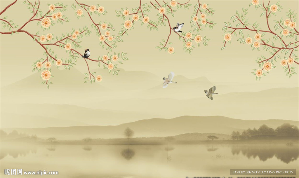山水梅花背景墙