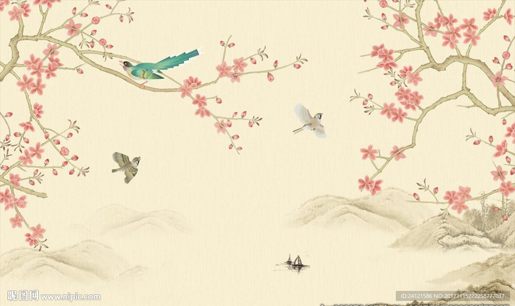 手绘花鸟背景墙