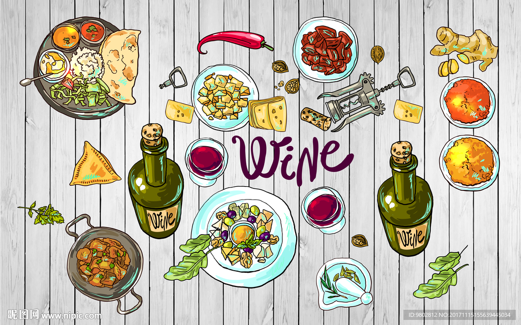 手绘面包红酒背景