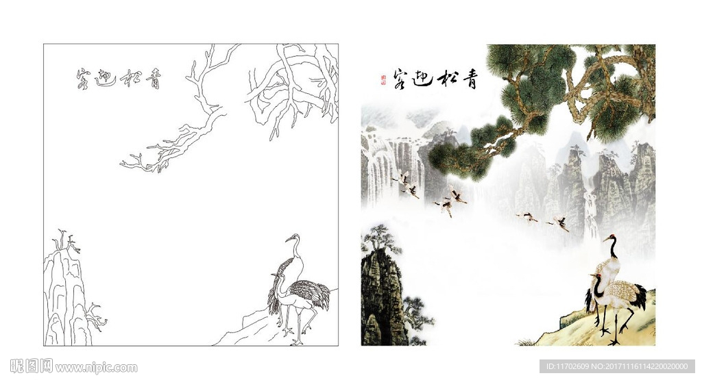 青松迎客 鹤 高清印刷路径矢量