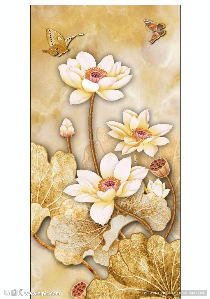 荷花 蝴蝶 石纹 高清印刷