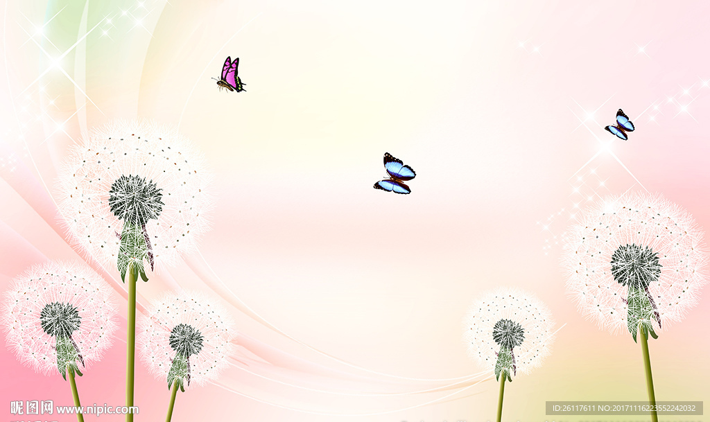 梦幻蒲公英蝴蝶彩带电视背景墙