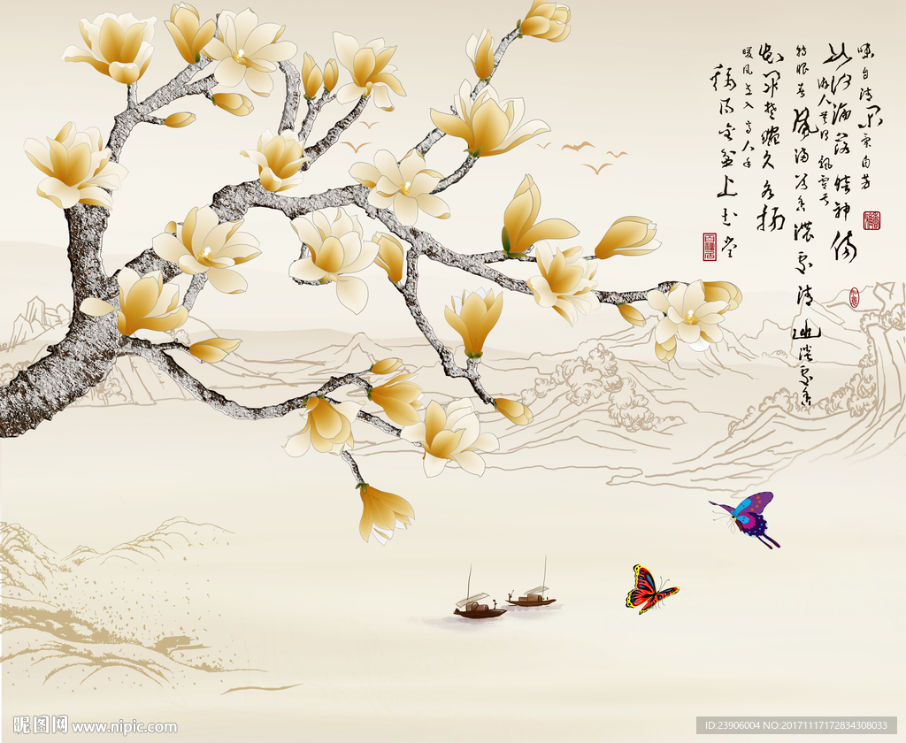 新中式手绘玉兰花鸟背景墙装饰画