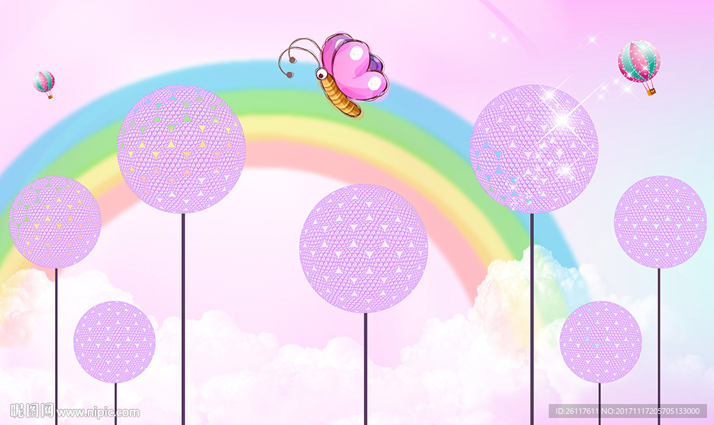 儿童卡通花卉城堡彩虹电视背景墙