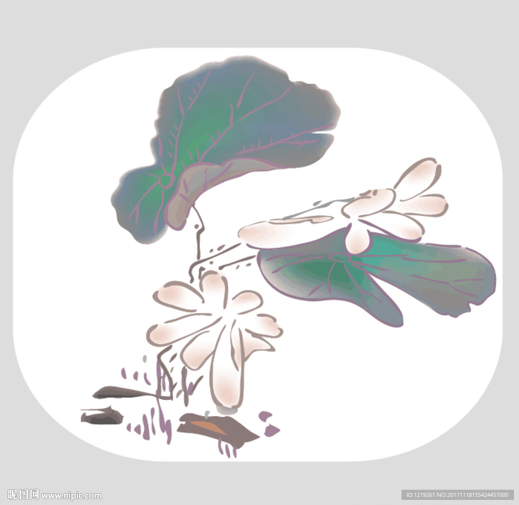 手绘水墨荷花矢量图