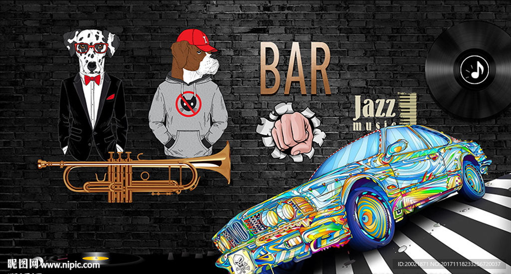 摇滚赛车砖墙复古工装背景墙